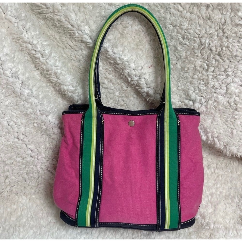 J Crew Hot Pink Cotton and navy blue trim shoulder bag gros grain green Straps